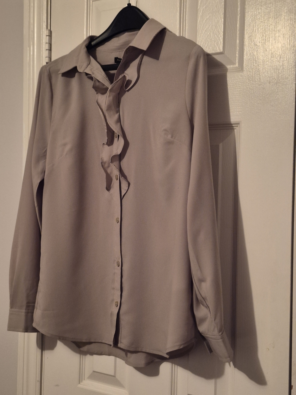 Banana Republic taupe ruffle-front blouse